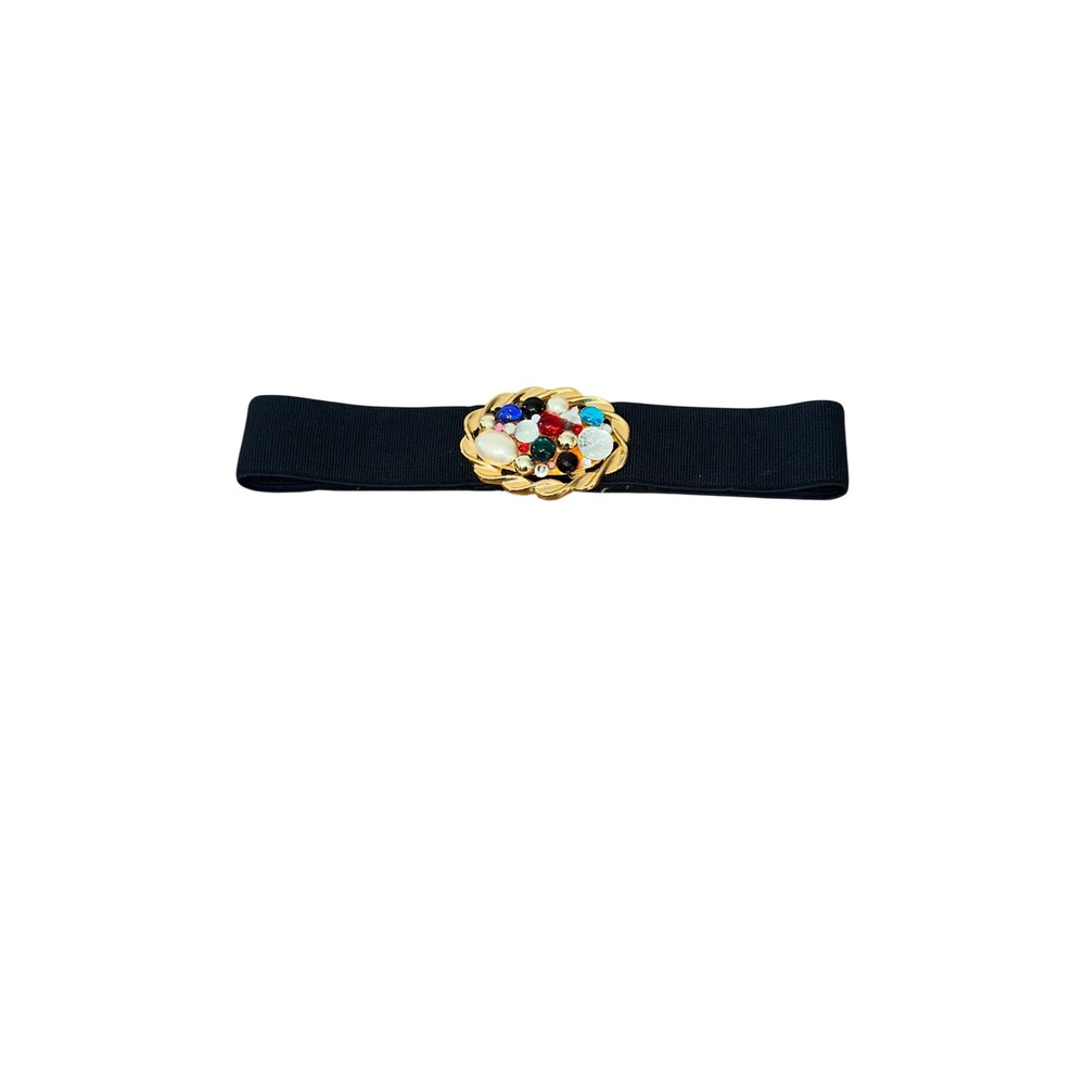 Vintage Olivias Originals Black Elastic Cinch Belt Multi Color Jewel Buckle